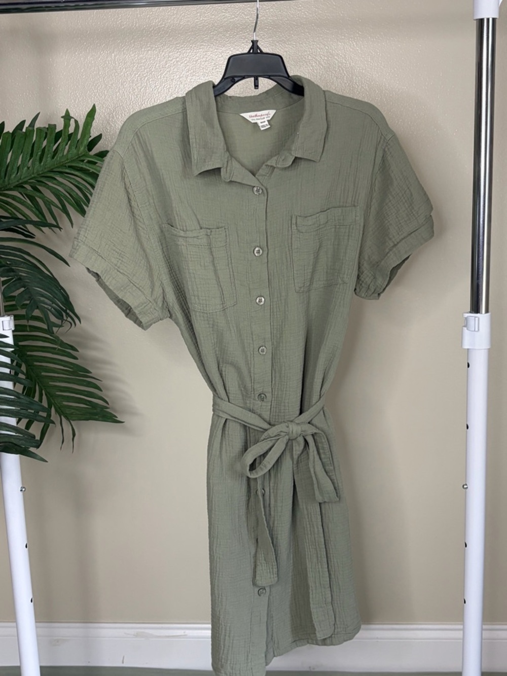 Weatherproof Vintage Sage Green Shirt Dress Tie Waist Button Down Midi Casual